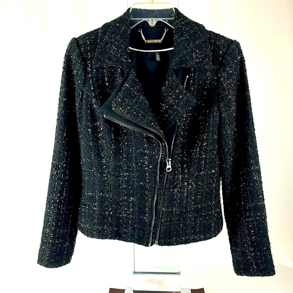 WHBM Tweed Blazer Jacket Moto Zip Peplum Collarless Black Size 2